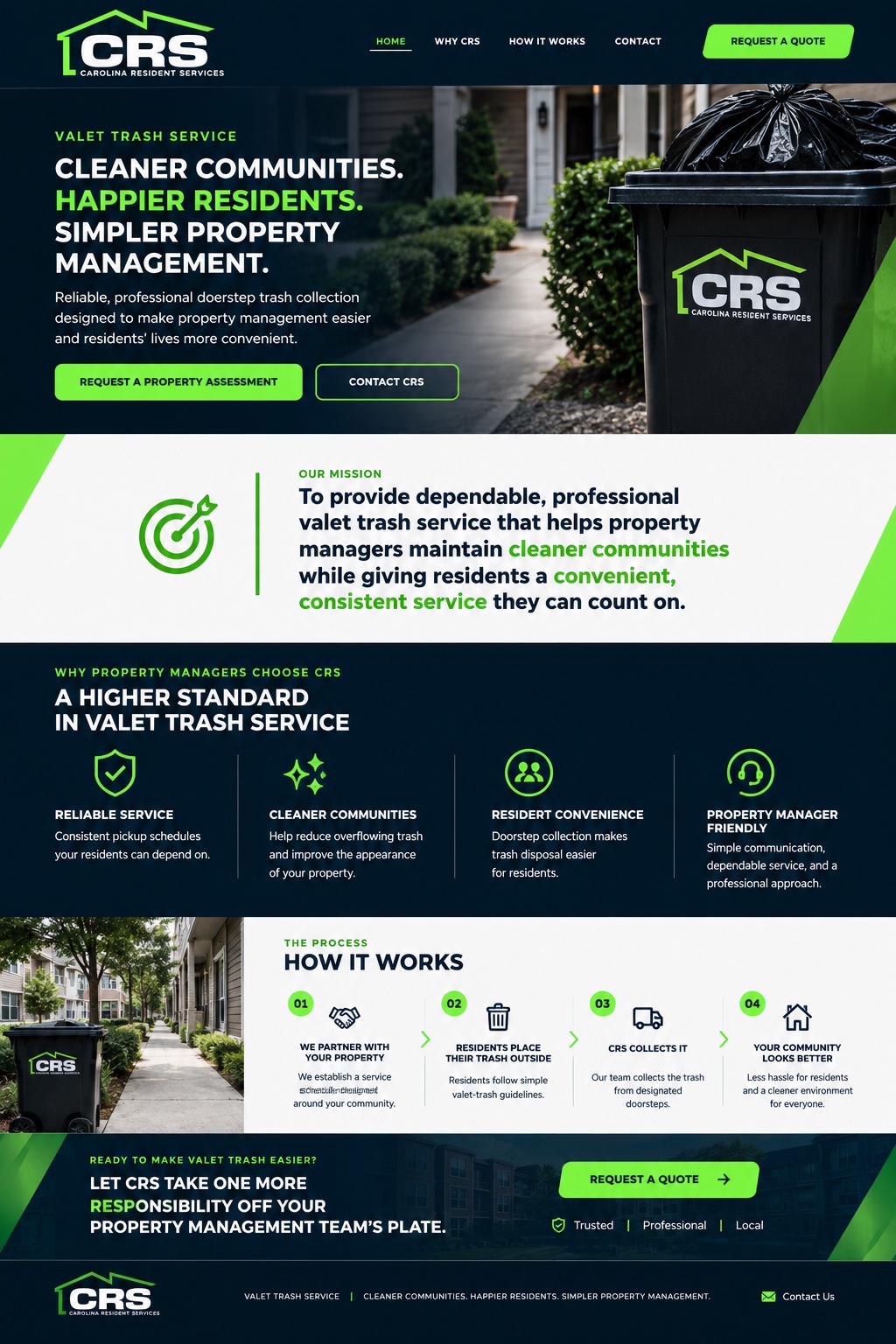 A CRS-branded trash bin beside an apartment community walkway